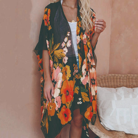 Women Vintage Print Chiffon Shirts Bohemian Beach Kimono Long Cardigan Blouse 2021 New Female Shawl Loose Outwear Top Oversize
