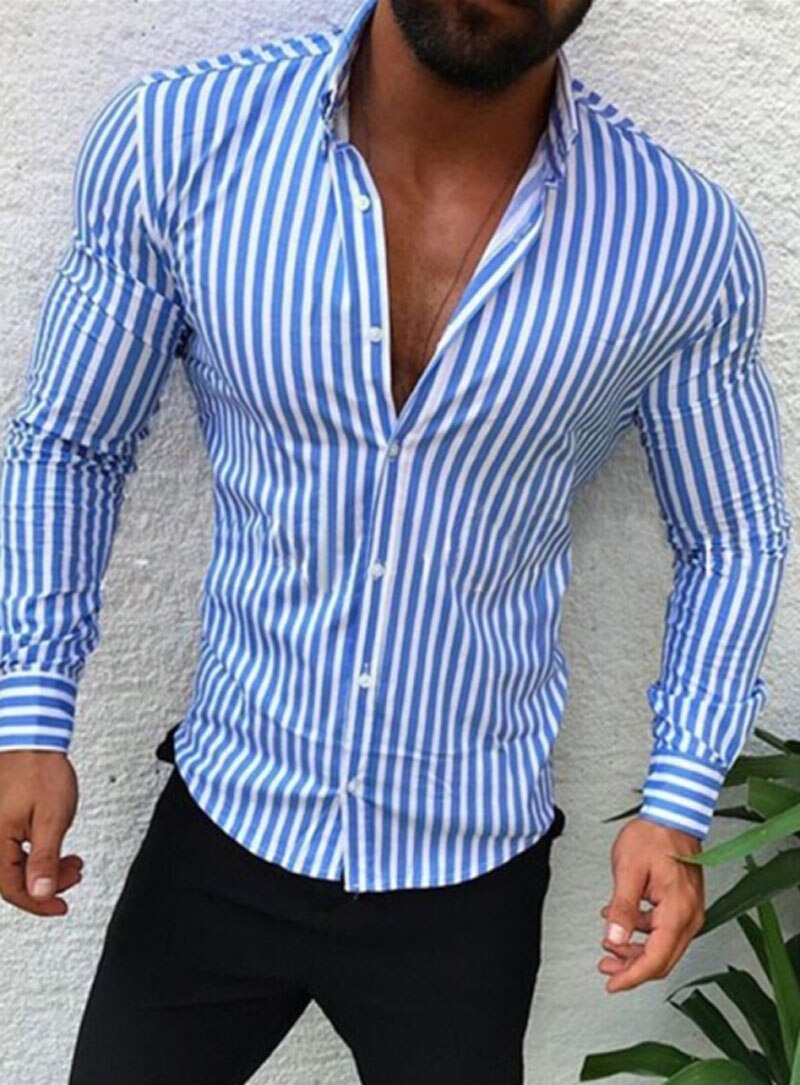 Men Shirt Fashion Stripe European Slim Fit Formal Long Sleeve Tops Spring Three Colors Casual Business Streetwear