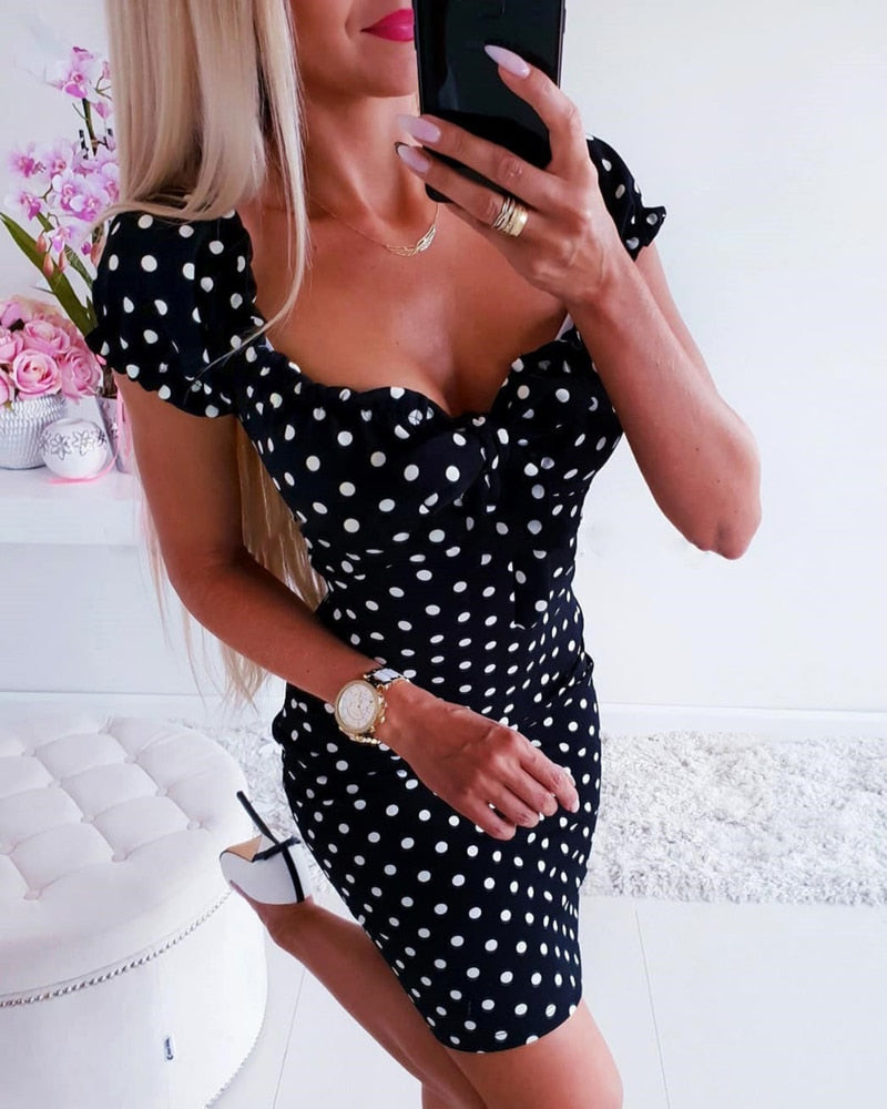 Girl Boho Polka Dot Sexy Bodycon V-Neck Fashion Dress