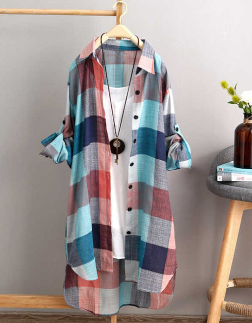 Charger l&#39;image dans la visionneuse de la galerie, Women Casual Plaid Cotton Shirt Fashion Plus Size Loose Button Outdoorwear Tunic Shirt Blouse Female Long sleeve Beach Sun Tops
