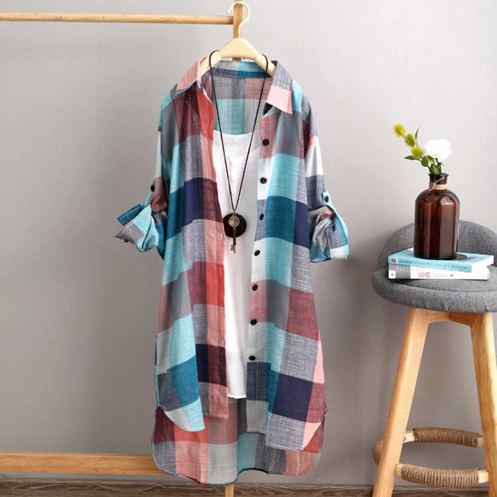 Women Casual Plaid Cotton Shirt Fashion Plus Size Loose Button Outdoorwear Tunic Shirt Blouse Female Long sleeve Beach Sun Tops