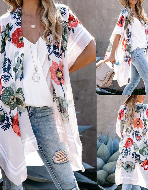 Charger l&#39;image dans la visionneuse de la galerie, Women Vintage  Print Chiffon Shirts Bohemian Beach Kimono Long Cardigan Blouse 2021 New Female Shawl Loose Outwear Top Oversize
