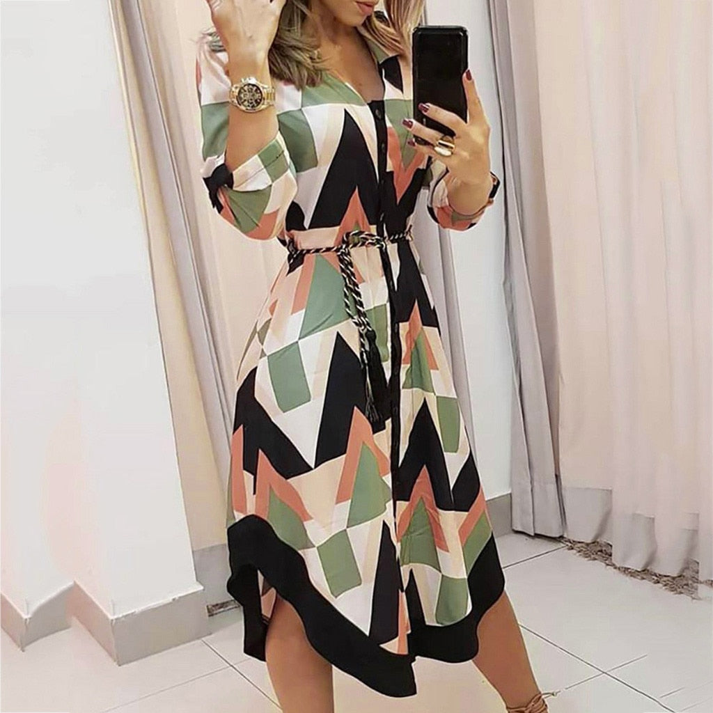 2021 Fashion Women Holiday Style Feminino Print Casual Plus Size Ladies Dress Elegant Day Dress Summer Sexy V-Neck Knitwear Robe