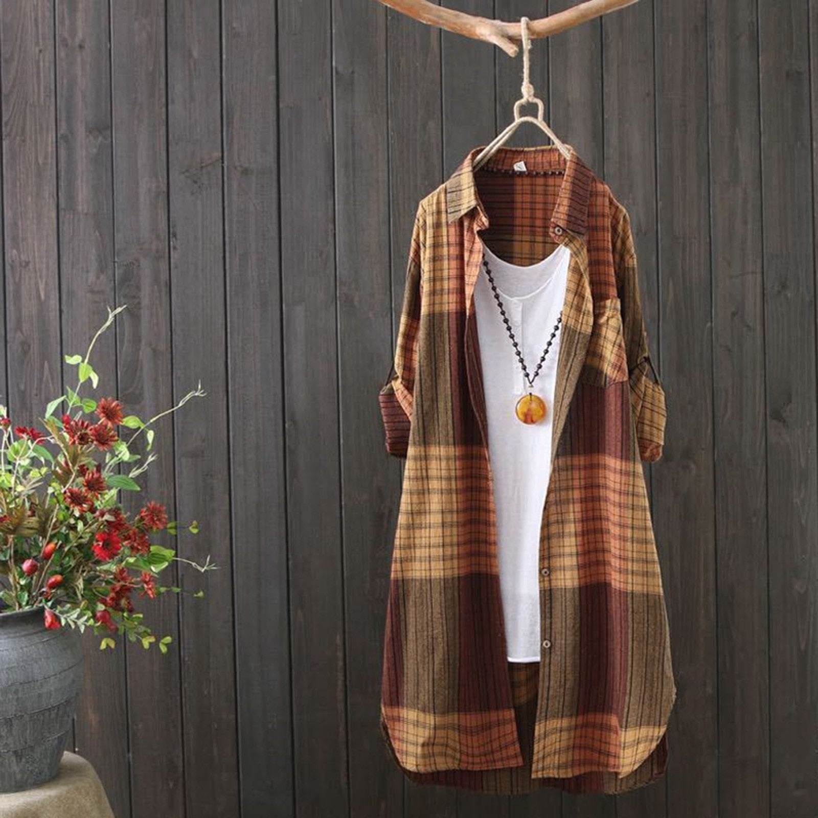 Women Casual Plaid Cotton Shirt Fashion Plus Size Loose Button Outdoorwear Tunic Shirt Blouse Female Long sleeve Beach Sun Tops