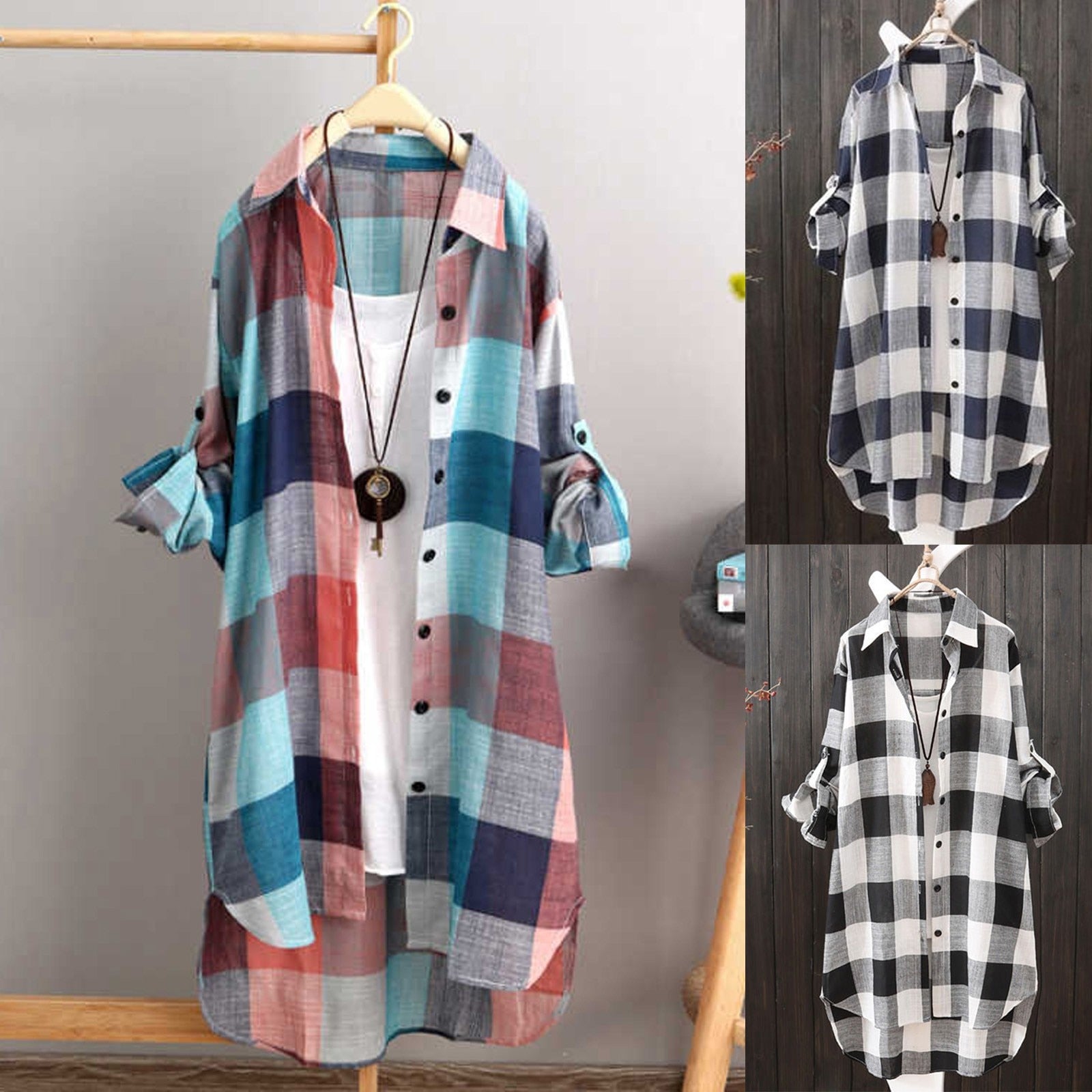 Women Casual Plaid Cotton Shirt Fashion Plus Size Loose Button Outdoorwear Tunic Shirt Blouse Female Long sleeve Beach Sun Tops