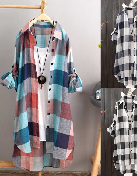 Women Casual Plaid Cotton Shirt Fashion Plus Size Loose Button Outdoorwear Tunic Shirt Blouse Female Long sleeve Beach Sun Tops