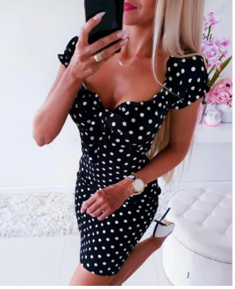 Girl Boho Polka Dot Sexy Bodycon V-Neck Fashion Dress