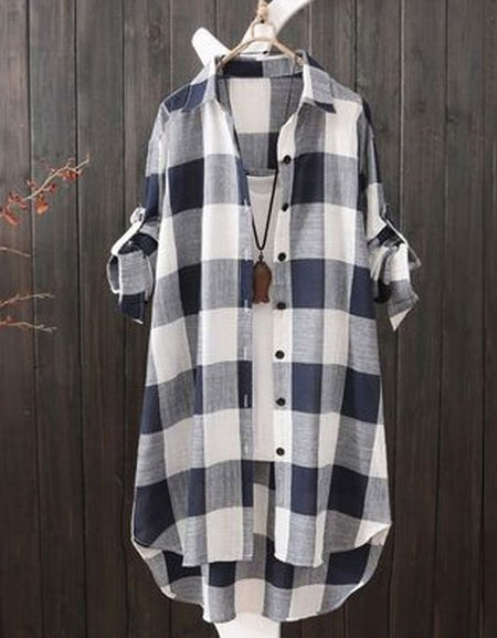 Women Casual Plaid Cotton Shirt Fashion Plus Size Loose Button Outdoorwear Tunic Shirt Blouse Female Long sleeve Beach Sun Tops