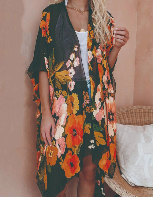 Charger l&#39;image dans la visionneuse de la galerie, Women Vintage  Print Chiffon Shirts Bohemian Beach Kimono Long Cardigan Blouse 2021 New Female Shawl Loose Outwear Top Oversize
