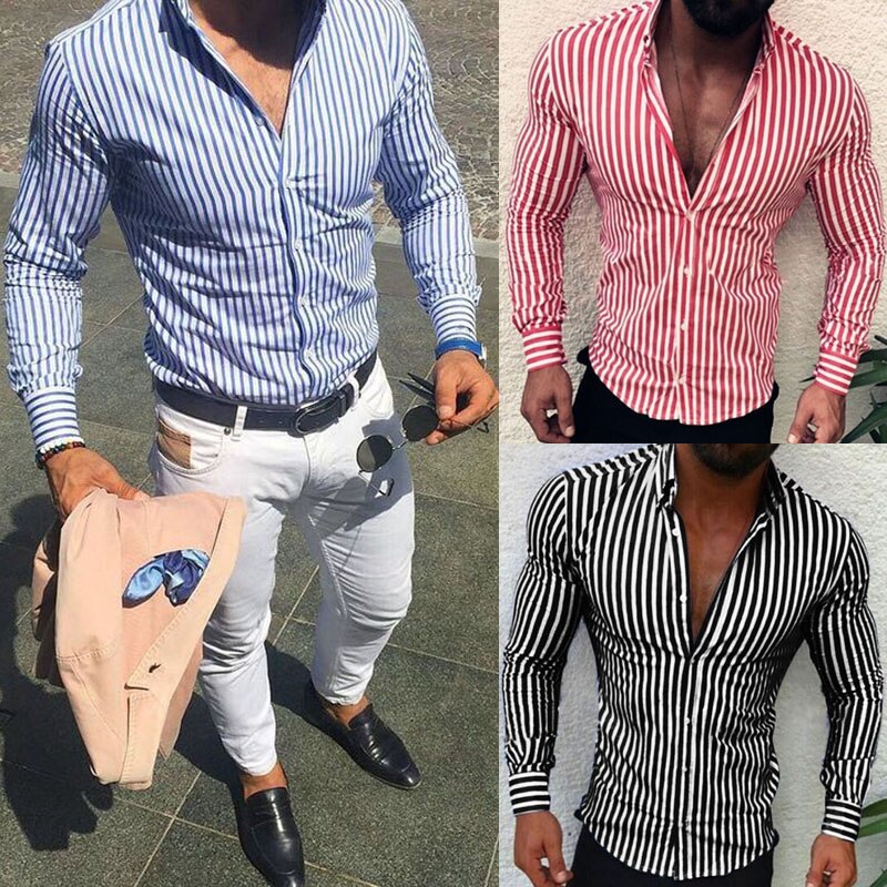 Men Shirt Fashion Stripe European Slim Fit Formal Long Sleeve Tops Spring Three Colors Casual Business Streetwear