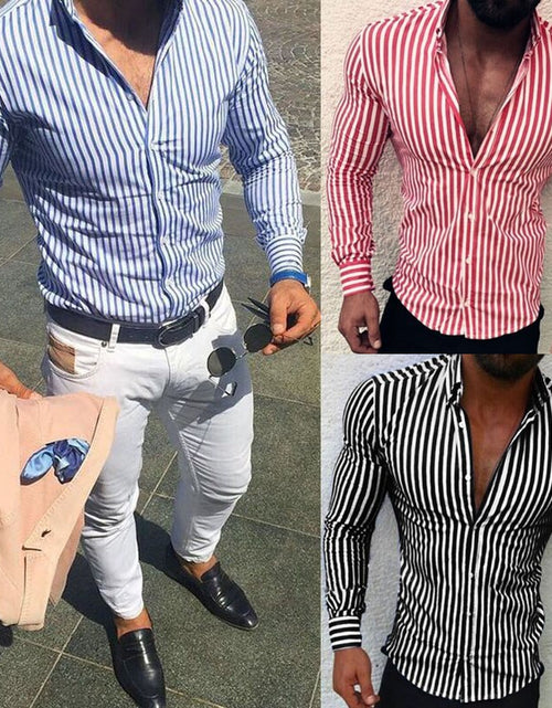 Charger l&#39;image dans la visionneuse de la galerie, Men Shirt Fashion Stripe European Slim Fit Formal Long Sleeve Tops Spring Three Colors Casual Business Streetwear
