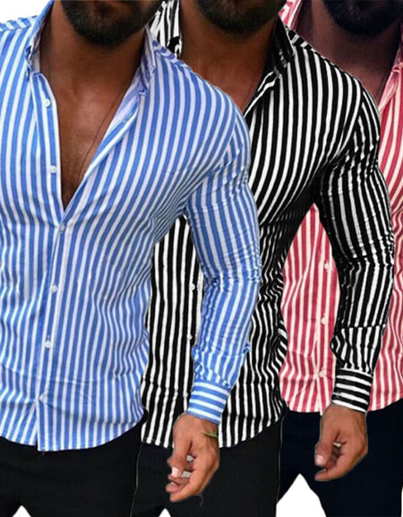 Men Shirt Fashion Stripe European Slim Fit Formal Long Sleeve Tops Spring Three Colors Casual Business Streetwear